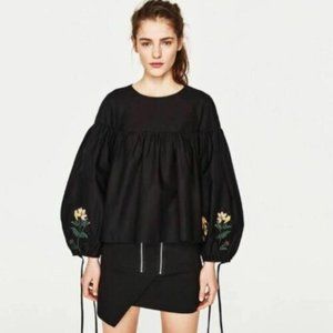 ZARA Embroidered Blouse Black Cotton XS